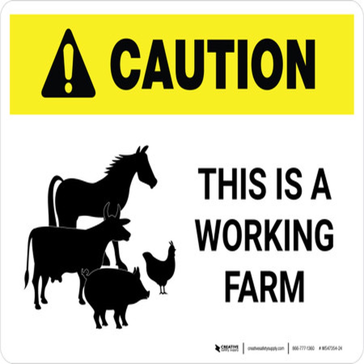 Caution: This Is A Working with Farm Animal Icons White Landscape - Wall Sign