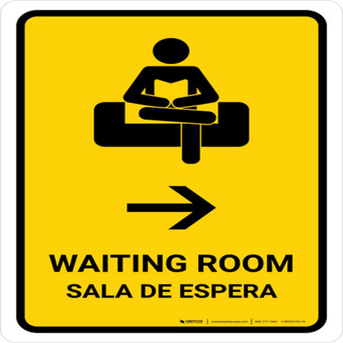 Waiting Room With Right Arrow Yellow Bilingual Spanish Portrait - Wall Sign